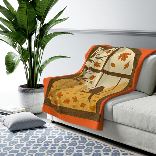 Bird In The Window Autumn Themed Sherpa Fleece Blanket
