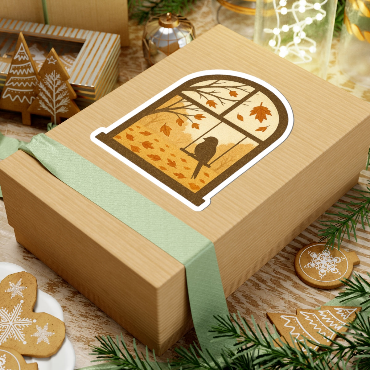 Bird In The Window Autumn Themed Kiss-Cut Sticker