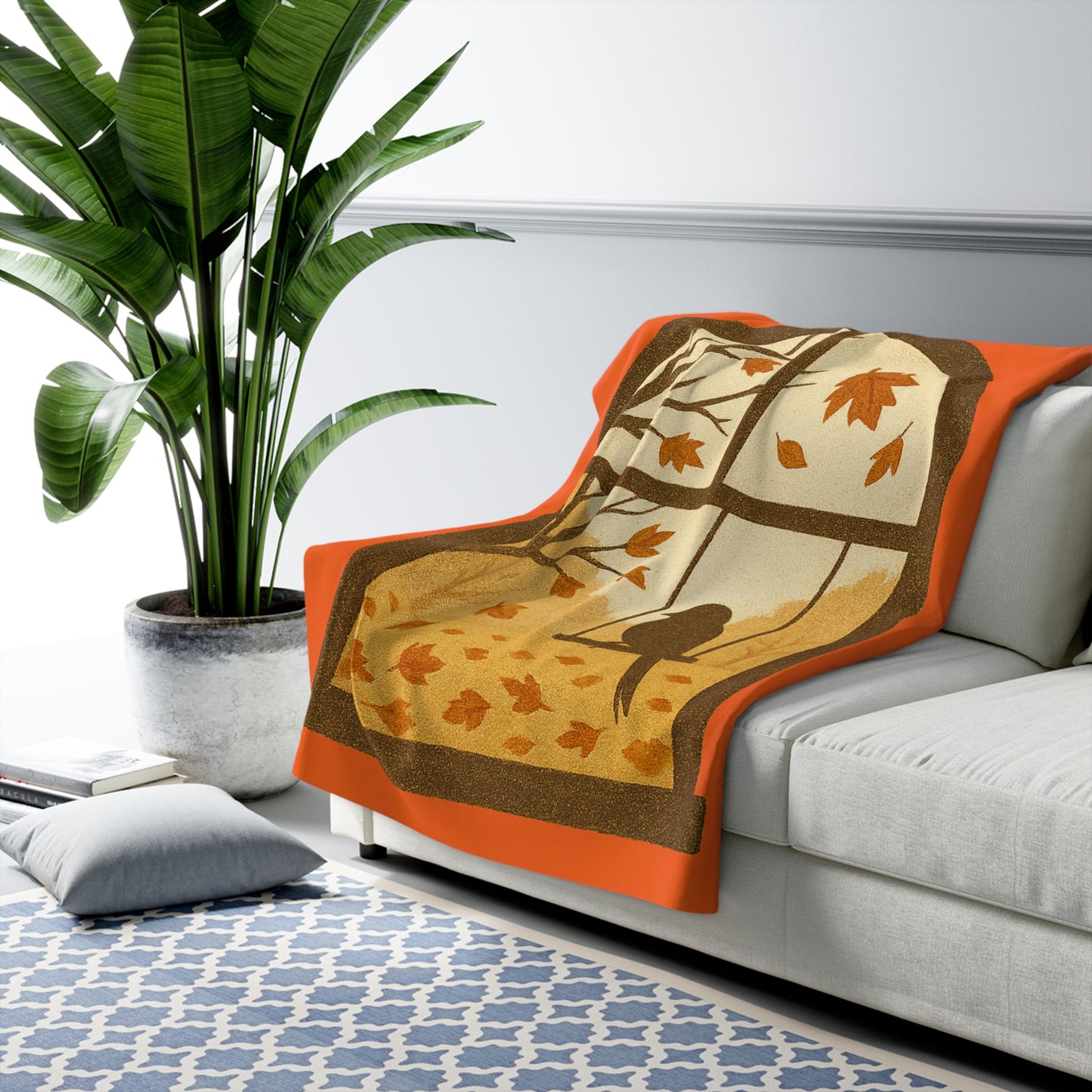 Bird In The Window Autumn Themed Sherpa Fleece Blanket